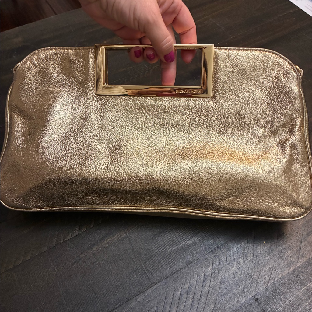 Michael Kors Metallic Gold Leather Handheld Clutch With Gold Handle